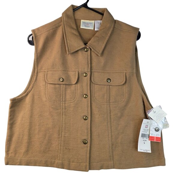 Susan Bristol Sleeveless Tweed Button Front Vest Large Tan Cotton Pockets - Picture 1 of 8